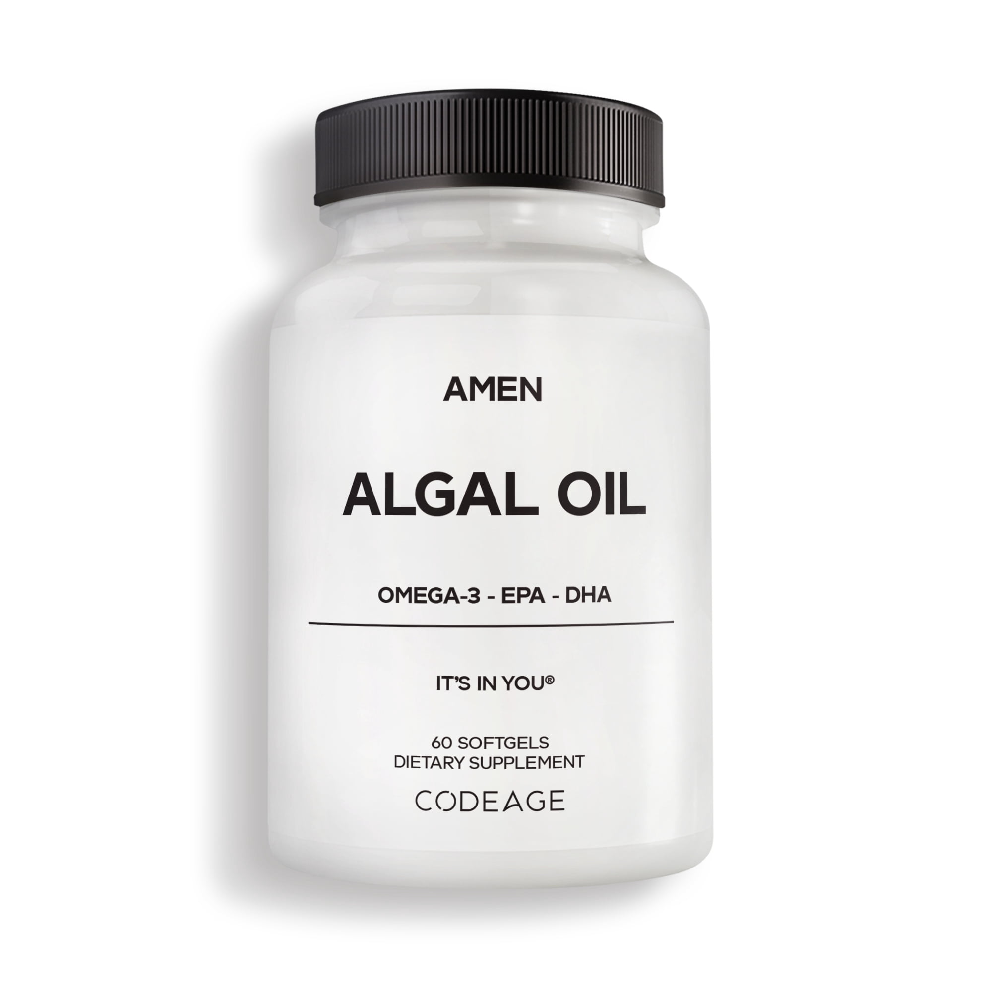 Amen Algal Oil Vegan Omega-3 Supplement – 1000mg DHA & EPA, Plant-Based Microalgae Oil, Non-GMO, 60 Softgels