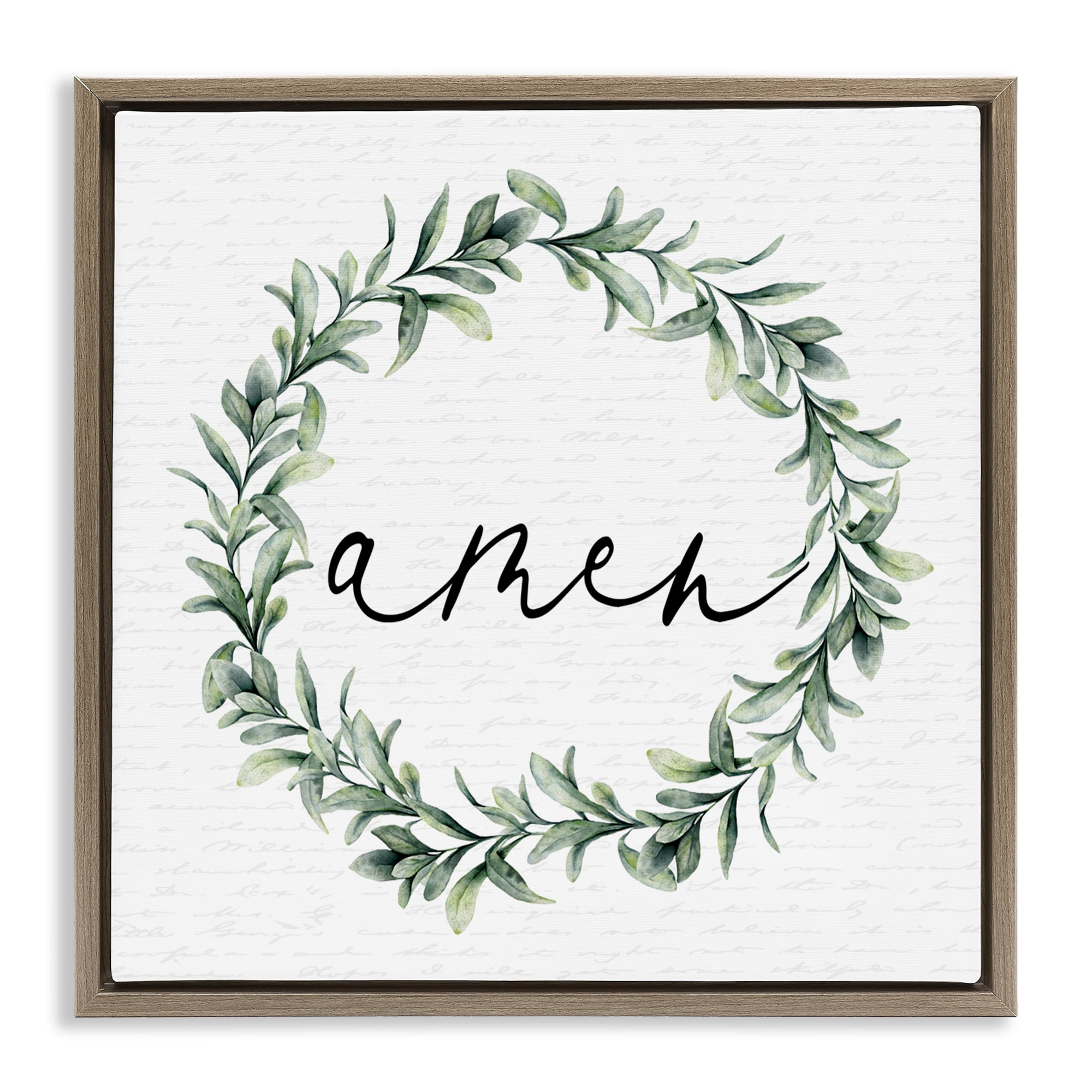 Amen Botanical Wreath & Script Brown Framed Floater Canvas Wall Art, design by Lettered and Lined