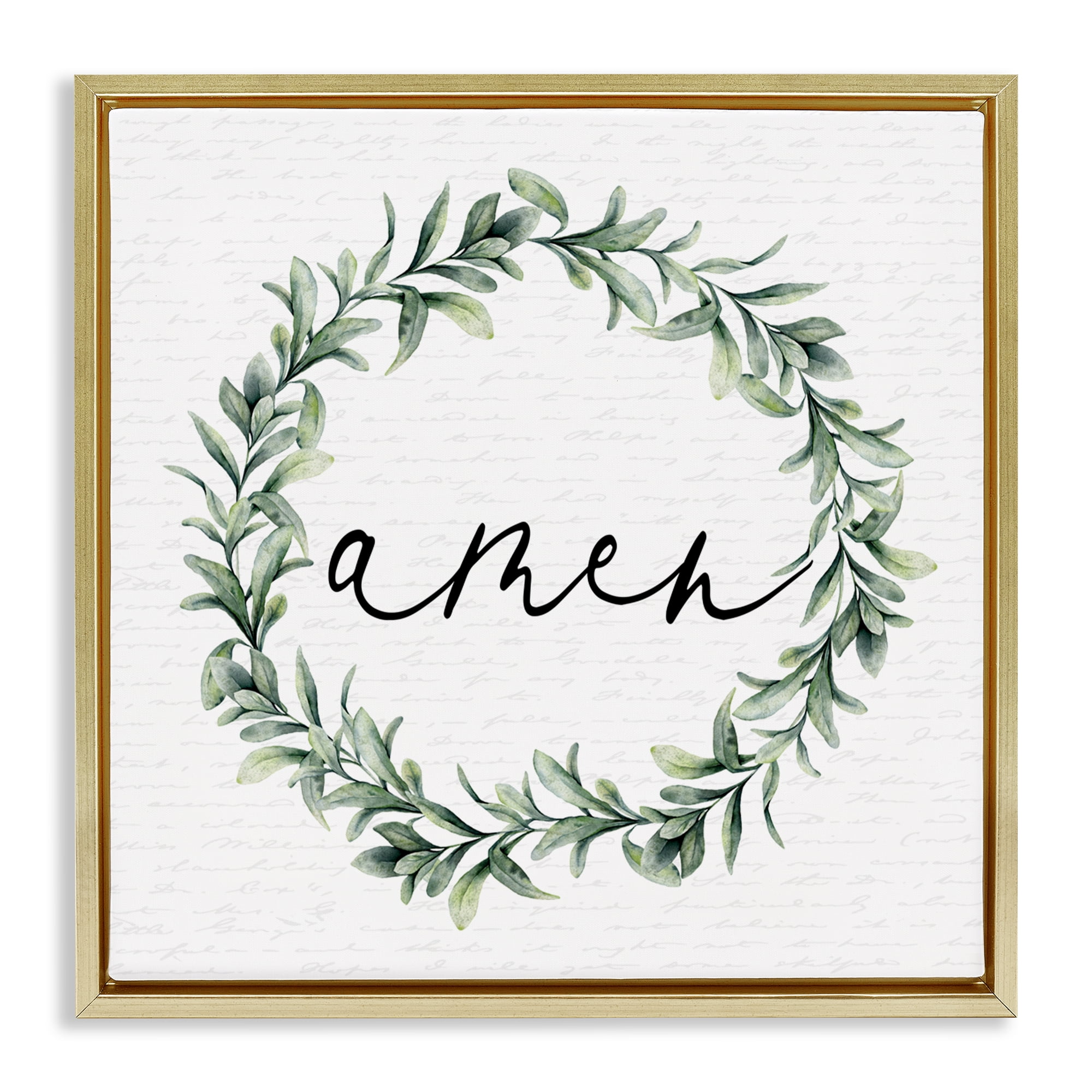 Amen Botanical Wreath & Script Gold Framed Floater Canvas Wall Art, design by Lettered and Lined
