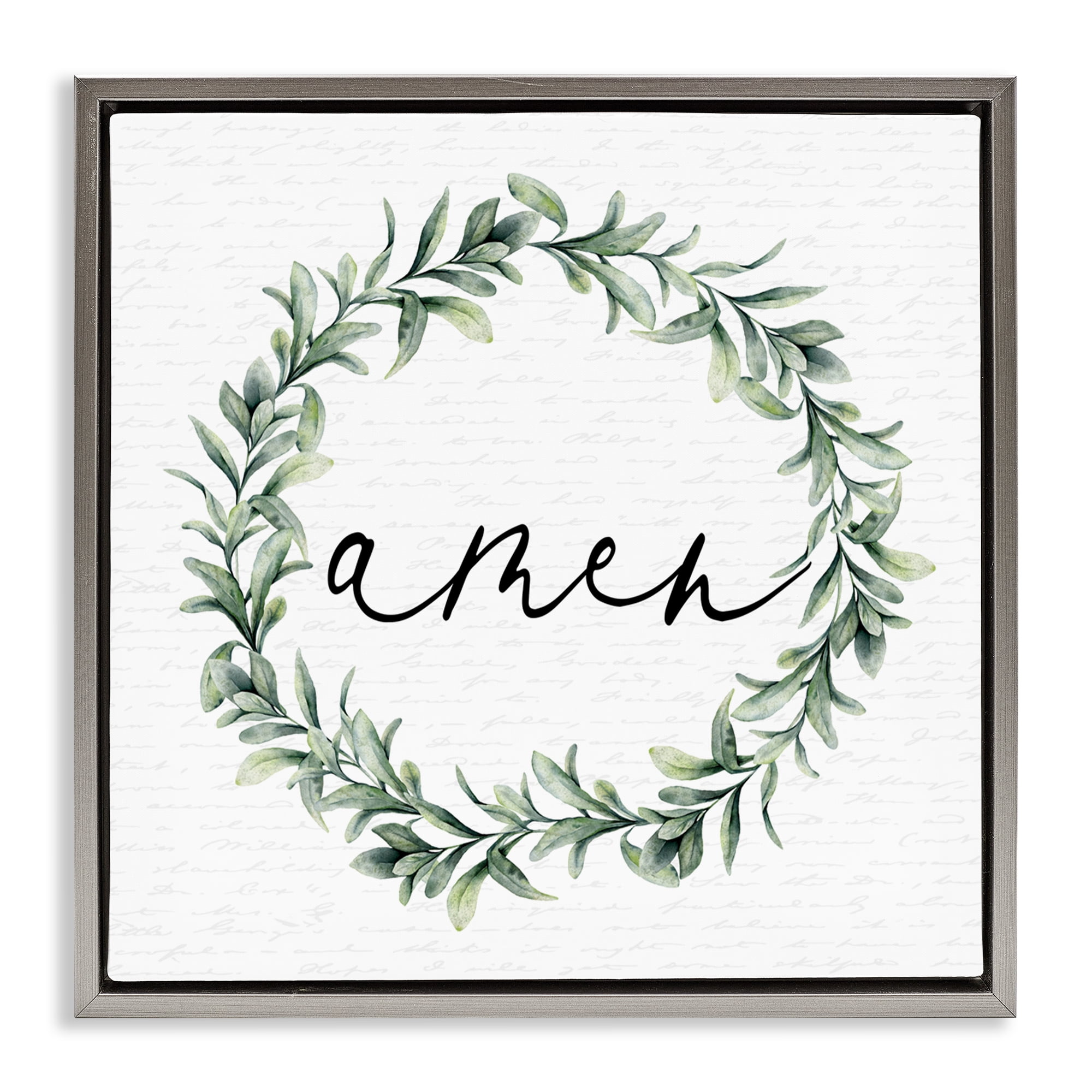 Amen Botanical Wreath & Script Gray Framed Floater Canvas Wall Art, design by Lettered and Lined