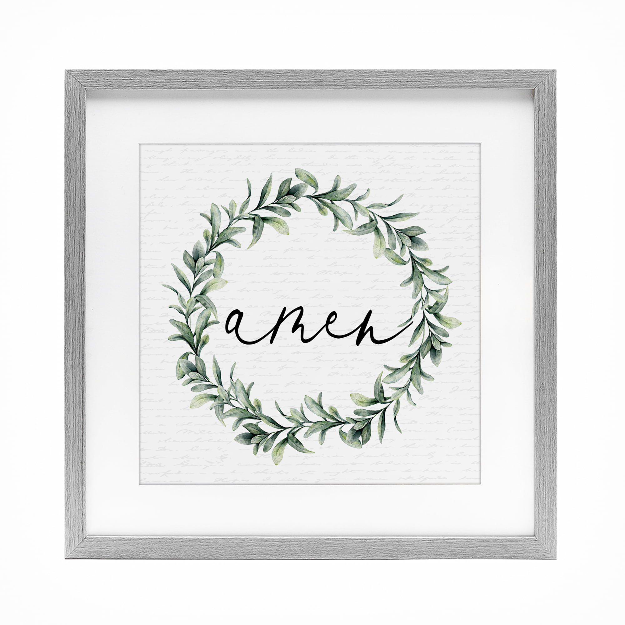 Amen Botanical Wreath & Script Gray Framed Print Under Glass, design by Lettered and Lined