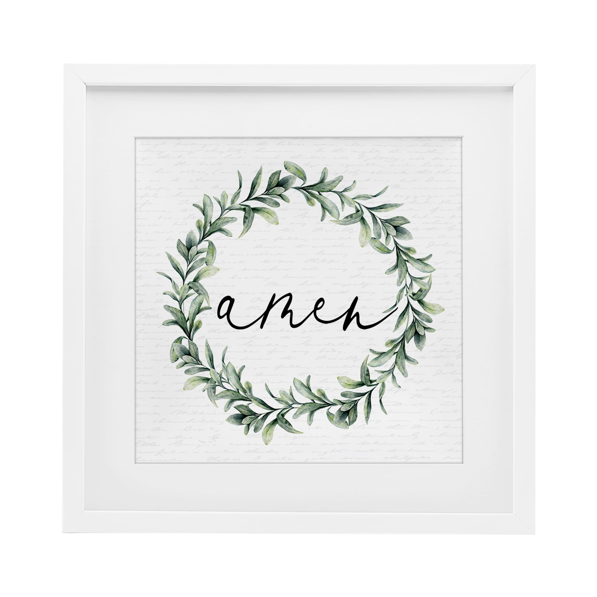 Amen Botanical Wreath & Script White Framed Print Under Glass, design by Lettered and Lined