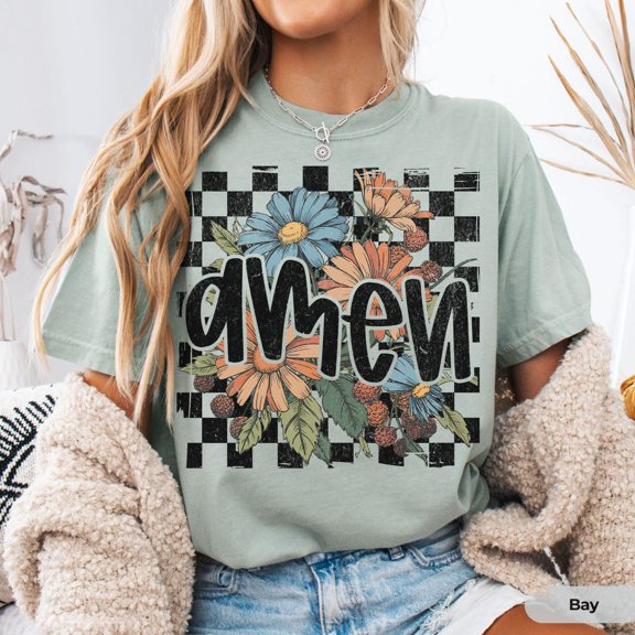 Amen Christian Shirt For Women, Boho Floral Faith Graphic Tee, Vintage Style Checkered Christ Tee, Bible Verse Shirt, Church