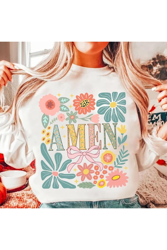 Amen Coquette Bow Sweatshirt, Christian Easter Pullover, Boho Floral Spring Jesus Bible Verse Shirt, Happy Easter Sweater
