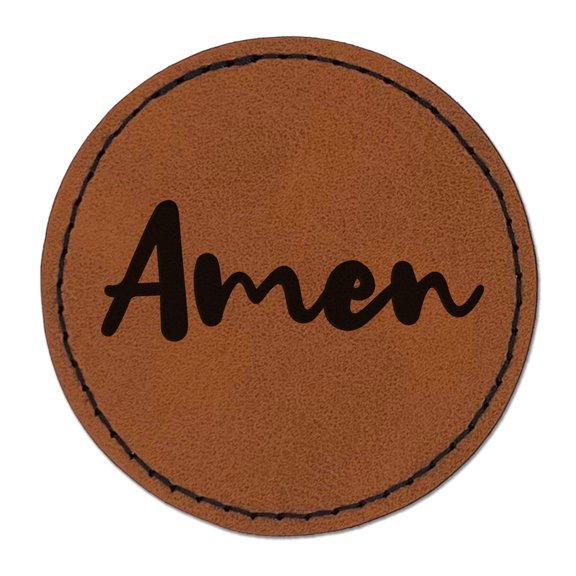 Amen Cursive Fun Text Prayer Praying 2.5" Faux Leather Round Engraved Iron-On Patch - Brown