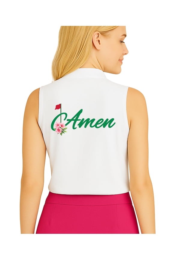 Amen Golf Polo Shirt for Women - Cute Floral Country Club Athletic Top for Golfer White - Sleeveless Adult Medium
