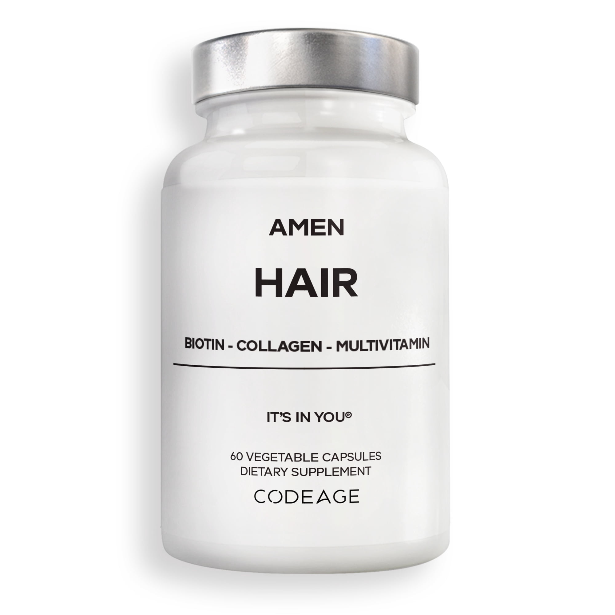 Amen Hair Vitamins - 10,000 mcg Biotin, Collagen Powder - Vitamin C, D3 & E, Pantothenic Acid, MSM, Zinc, Hyaluronic Acid, Inositol & Horsetail Extract - Non-GMO Hair Pill Supplements - 60 Capsules