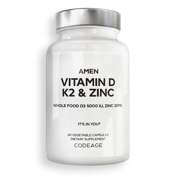 Amen Vitamin D, K2 & Zinc, Cholecalciferol D3 5000 IU, Organic Whole Food Blend, Non-GMO, 60 ct