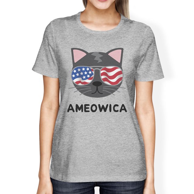 Ameowica Womens Graphic Tee Cute Cat Design Tee For 4th Of July