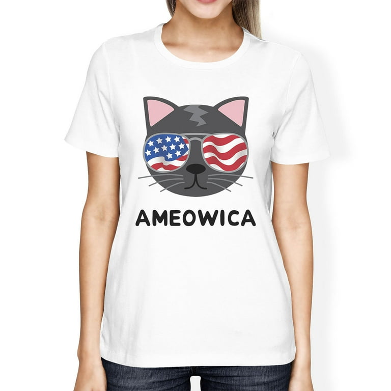 Ameowica Womens White Cat Design Tee Unique Design T Shirt For Her