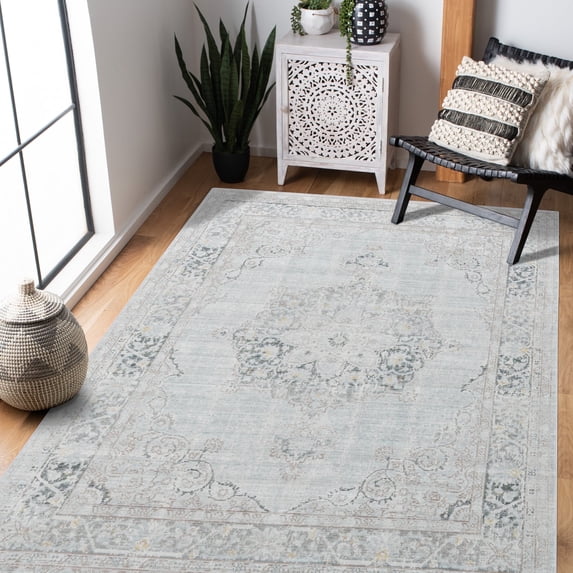 Amer Rugs Century Collection 8x10 Area Rug, Medallion Rugs for Living Room, Bedroom, Kitchen, Office, Pet Friendly, Ultra Low Pile, High Traffic Area, Stain Resistance - Sea Mist