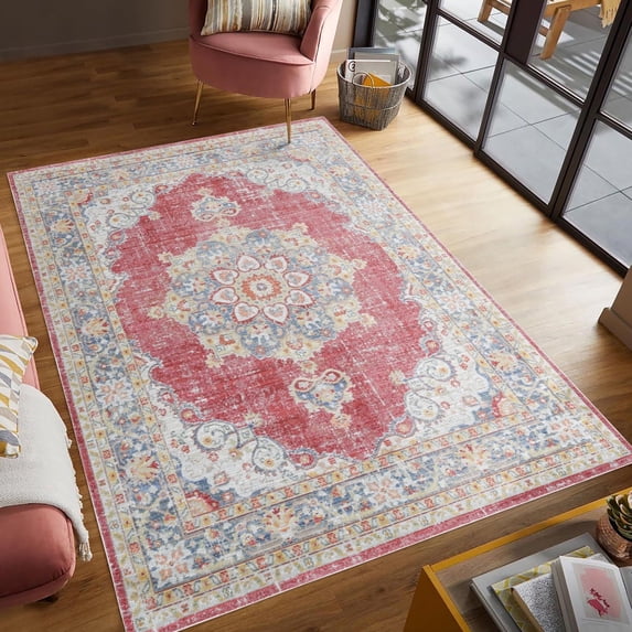 Luxee Designs Century Collection – 9x12 ft – Turkish Medallion Area Rug – Bordered, High-Traffic, Pet-Friendly, Stain Resistance – Burgundy Red/Teal