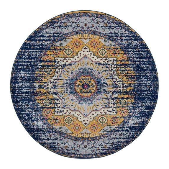 Magi Nina Vintage Bohemian Navy/ Orange Round Rug - 6'6" x 6'6" round