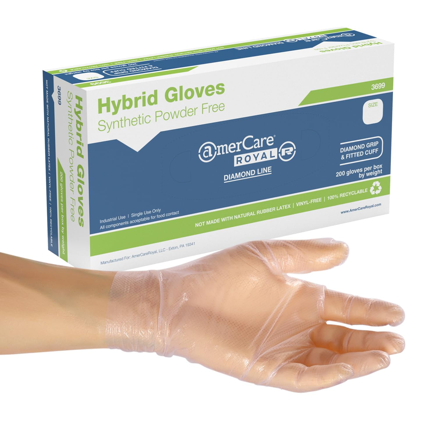 AmerCare C2 Hybrid Powder Free Gloves, Diamond Grip, Large, Case of