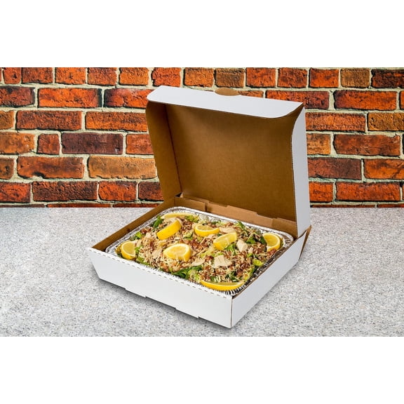 AmerCare Half Pan Corrugated Catering Box - Secure Stackable Food Delivery Container, Bakery Cardboard Food Storage Boxes, 13 x 10.875 x 3 Inches, White, Case of 50