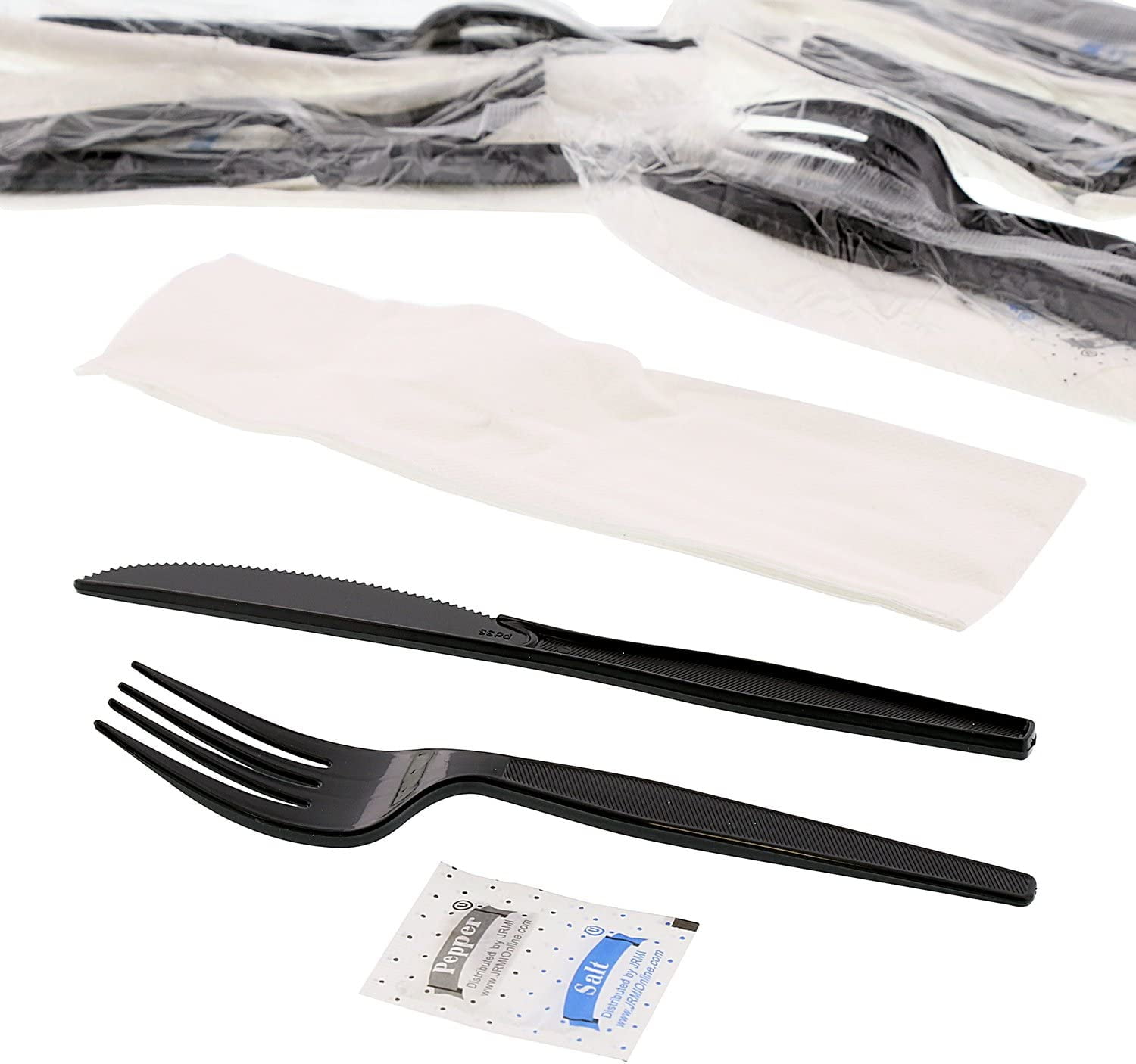 AmerCareRoyal 5-in-1 Disposable Silverware Heavy Duty Plastic Utensil Set with Fork, Knife, Salt & Pepper Packets, 13x17 inch 2-ply Napkin - Individually Wrapped Cutlery Meal Kit, Black, Case of 500