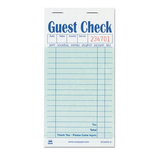 AmerCareRoyal Guest Check Book, TwoPart Carbon, 3.5 x 6.7, 50/Book, 50