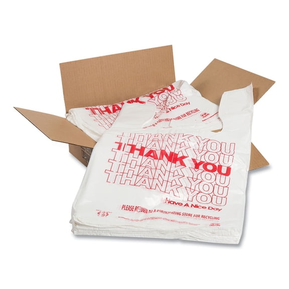 AmerCareRoyal RPTYB6V 11.5 in. x 20 in. x 20 in. Thank You - Have a Nice Day Labeling Cut-Out Handles Thank You Bags - White/Red (775/Carton)