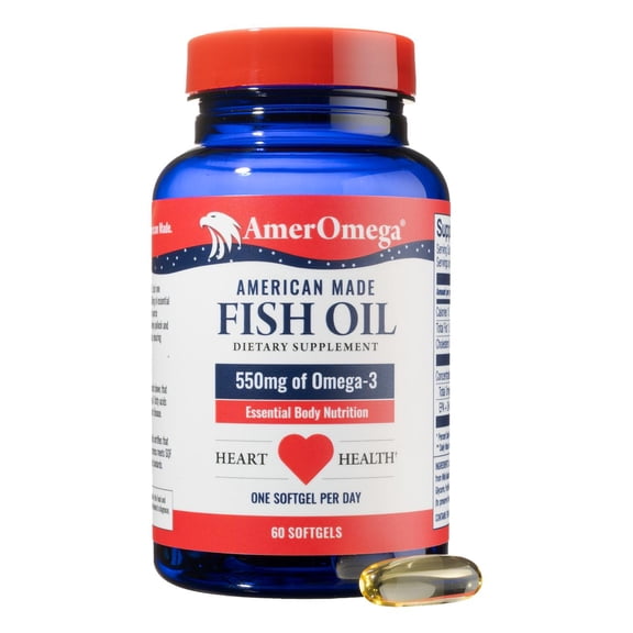 AmerOmega Triglyceride 550mg Omega-3 Fish Oil for Heart Health Support - Wild-Caught Alaskan Walleye Pollock - American-Sourced, Non-GMO, Gluten-Free & Dairy-Free- 60 Softgels (60 Servings)