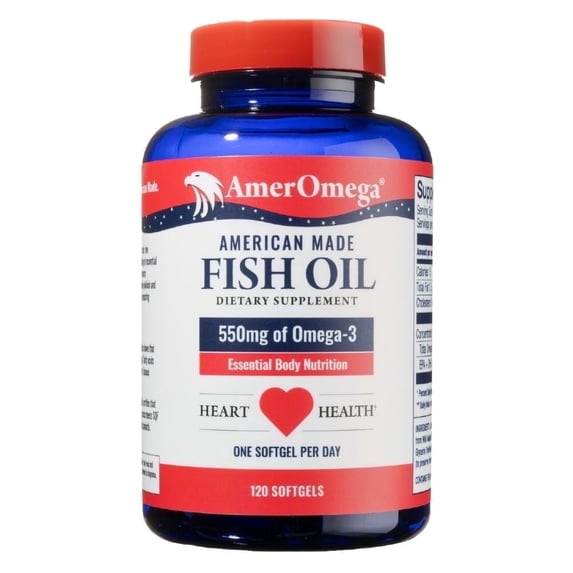 AmerOmega Triglyceride 550mg Omega-3 Fish Oil for Heart Health Support- Wild-Caught Alaskan Walleye Pollock- American-Sourced, Non-GMO, Gluten-Free & Dairy-Free- 120 Softgels (120 Servings)
