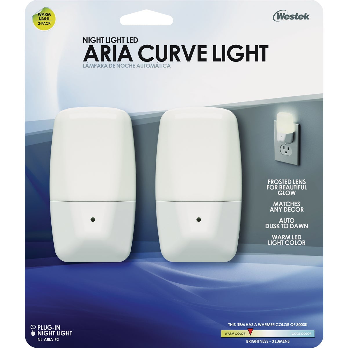 Aria Curved White LED Plug-in Night Light 2-Pack