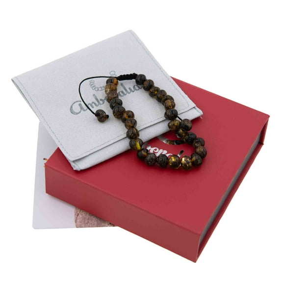 Ameralia Adjustable Adult Baltic Amber Bracelet - Certified Baltic sea amber - Includes gift box and customized message - The storage linen bag can be engraved - Size: 6.3" + 3.5" Dark Green