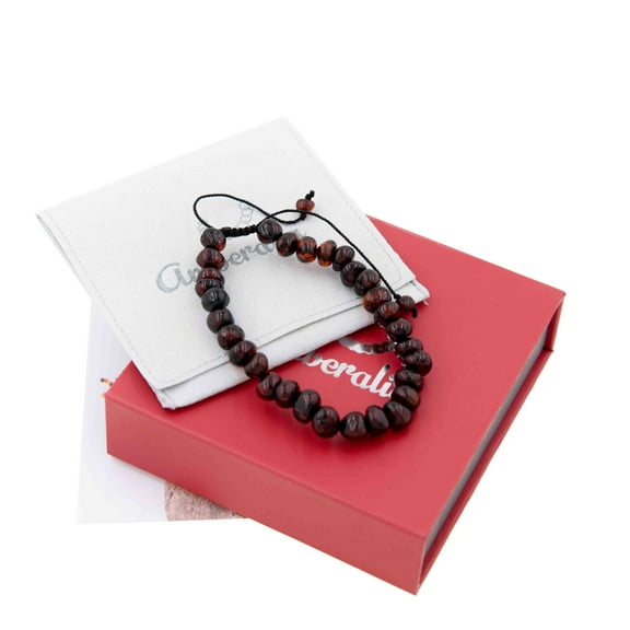 Ameralia Adjustable Adult Baltic Amber Bracelet - Certified Baltic sea amber - Includes gift box and customized message - The storage linen bag can be engraved - Size: 6.3" + 3.5" Polish Cherry