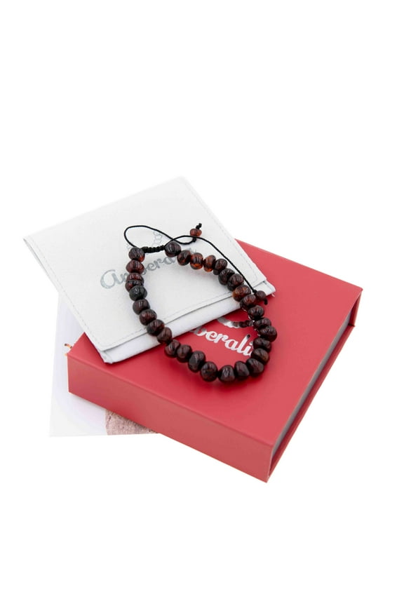 Ameralia Adjustable Adult Baltic Amber Bracelet - Certified Baltic sea amber - Includes gift box and customized message - The storage linen bag can be engraved - Size: 6.3" + 3.5" Polish Cherry