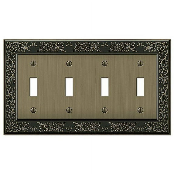 Amerelle 43T4BB English Garden Wallplate, 4 Toggle, Cast Metal, Brushed Brass, 1-Pack