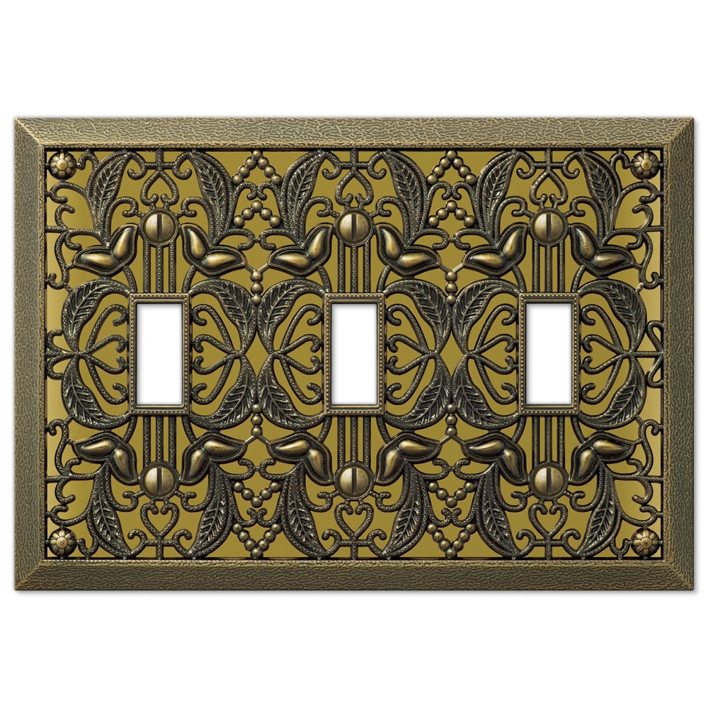 Antique Brass Filigree Triple Toggle Cast Metal Wallplate