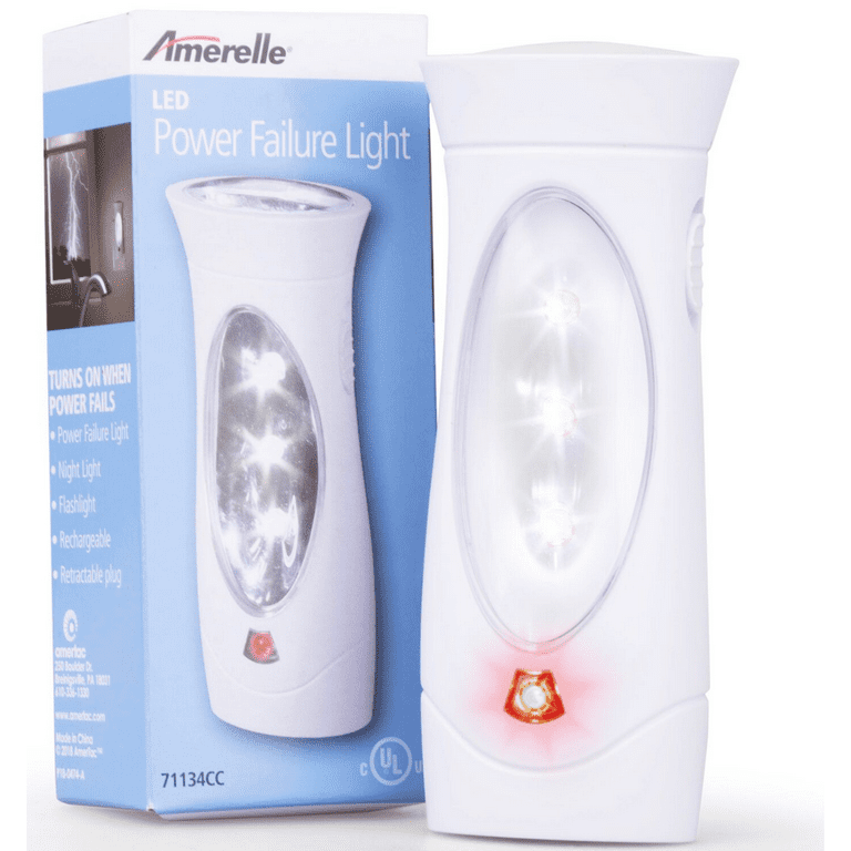 Amerelle Emergency Lights For Home, 1 Pack – AmerTac Power Failure Light  and Emergency Flashlight Automatically Lights When the Power Fails – 7 Hour  Runtime, NiMH Rechargeable Battery – 71134CC 