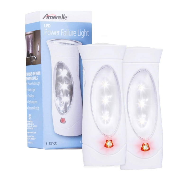 Amerelle Emergency Lights For Home, 2 Pack - AmerTac Power Failure Light  and Emergency Flashlight Automatically Lights When the Power Fails - 7 Hour  Runtime, NiMH Rechargeable Battery - 71134CC 
