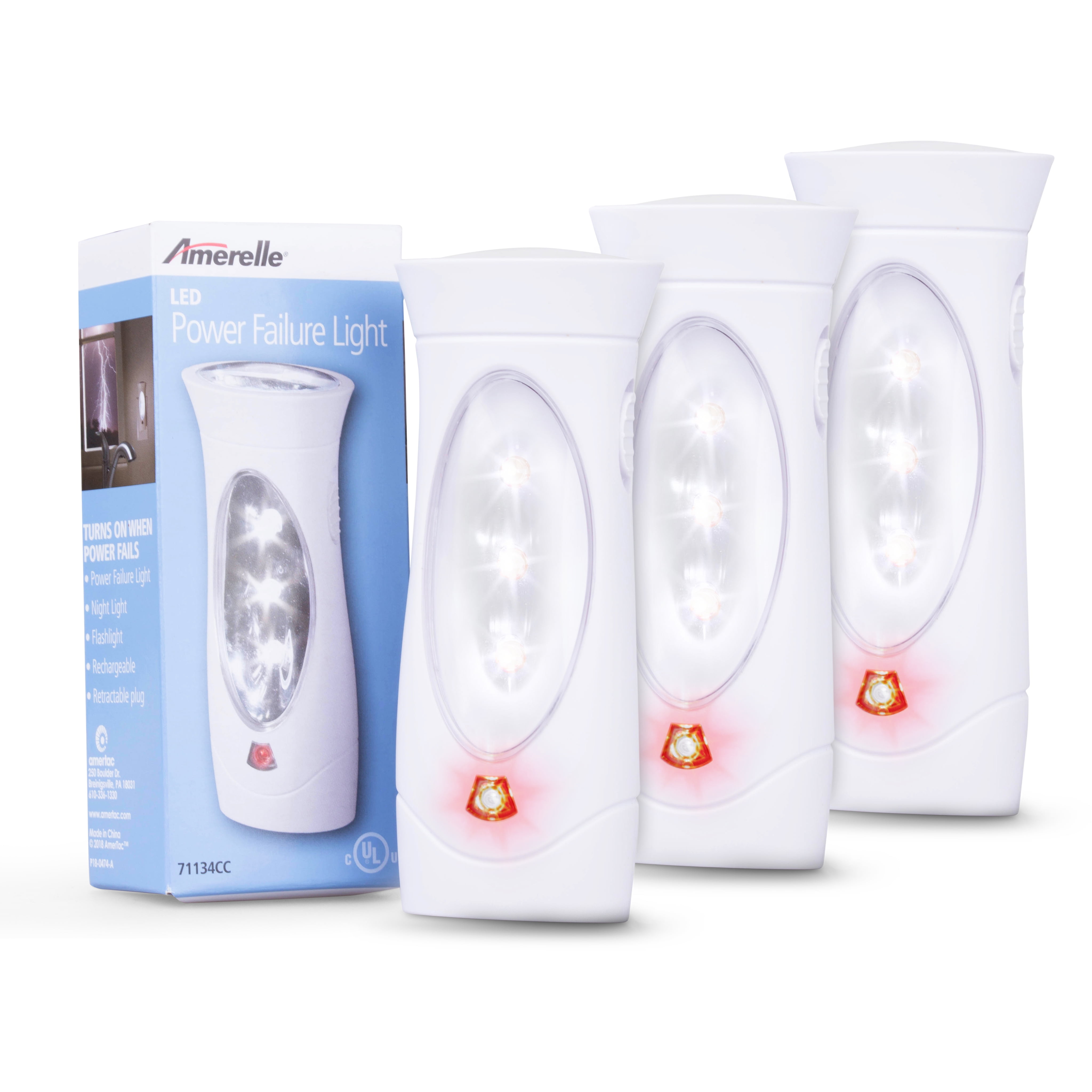Amerelle Emergency Lights For Home, 3 Pack - Power Failure Light and Plug  In Flashlight Combo With Rechargeable Battery