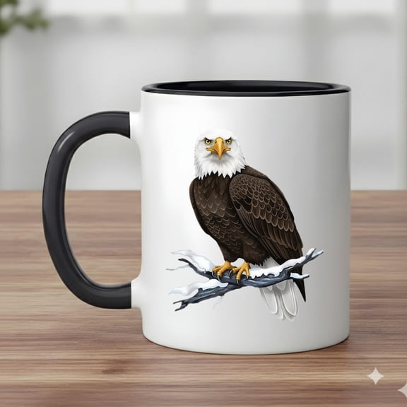 AmeriC1An Eagle Mug, Patriotic Mug, Bird of Prey Mugs, Bald Eagle Gift, Eagle on Snowy Branch, Unique Mug Design, USA Mug
