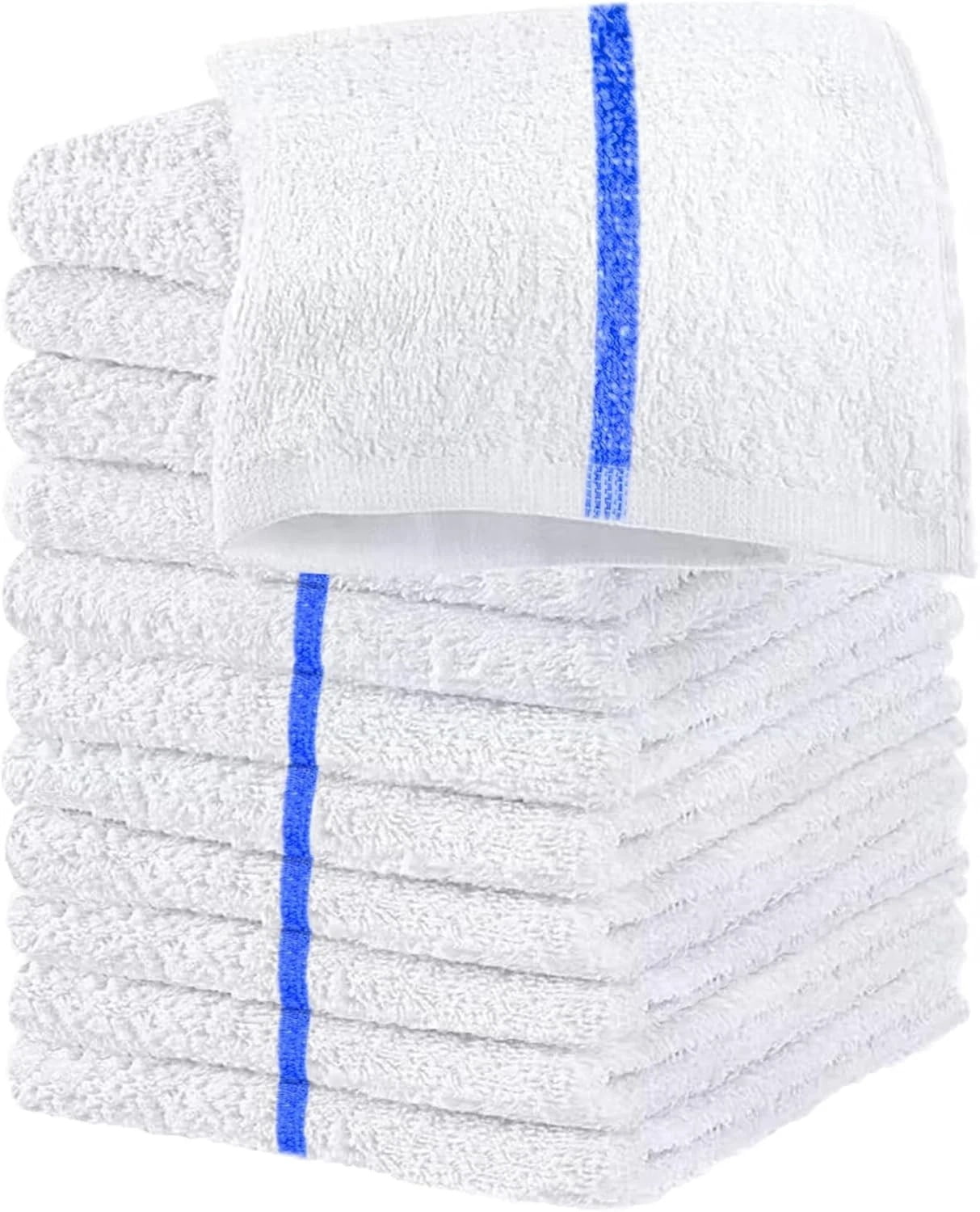 AmeriClassic 50-Pack Cotton Blend White Bar Mop Towels with Blue Center Stripe, 16x19, Absorbent & Durable Kitchen Cleaning Towels
