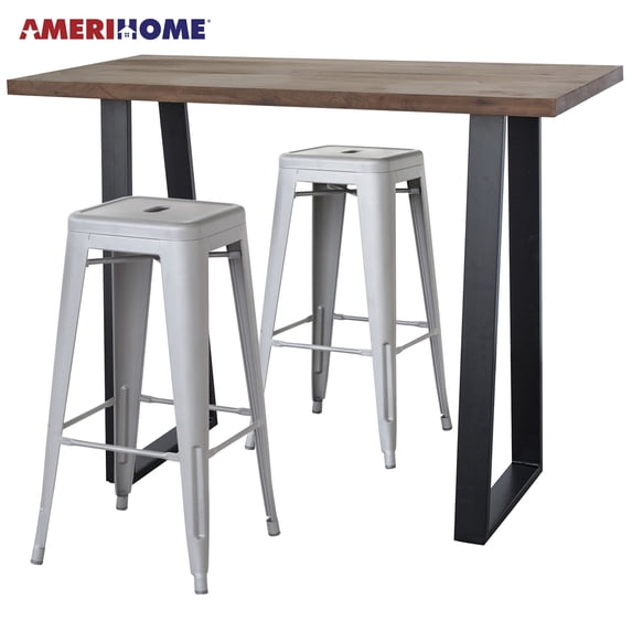 AmeriHome 3 Piece Acacia Wood Top Pub Table with 30 inch Matte Silver Bar Stools
