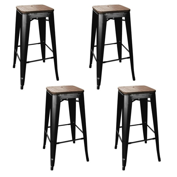 AmeriHome 4 Piece Black Finish 30-inch Metal Backless Bar Stool with Dark Elm Finish Wood Seat