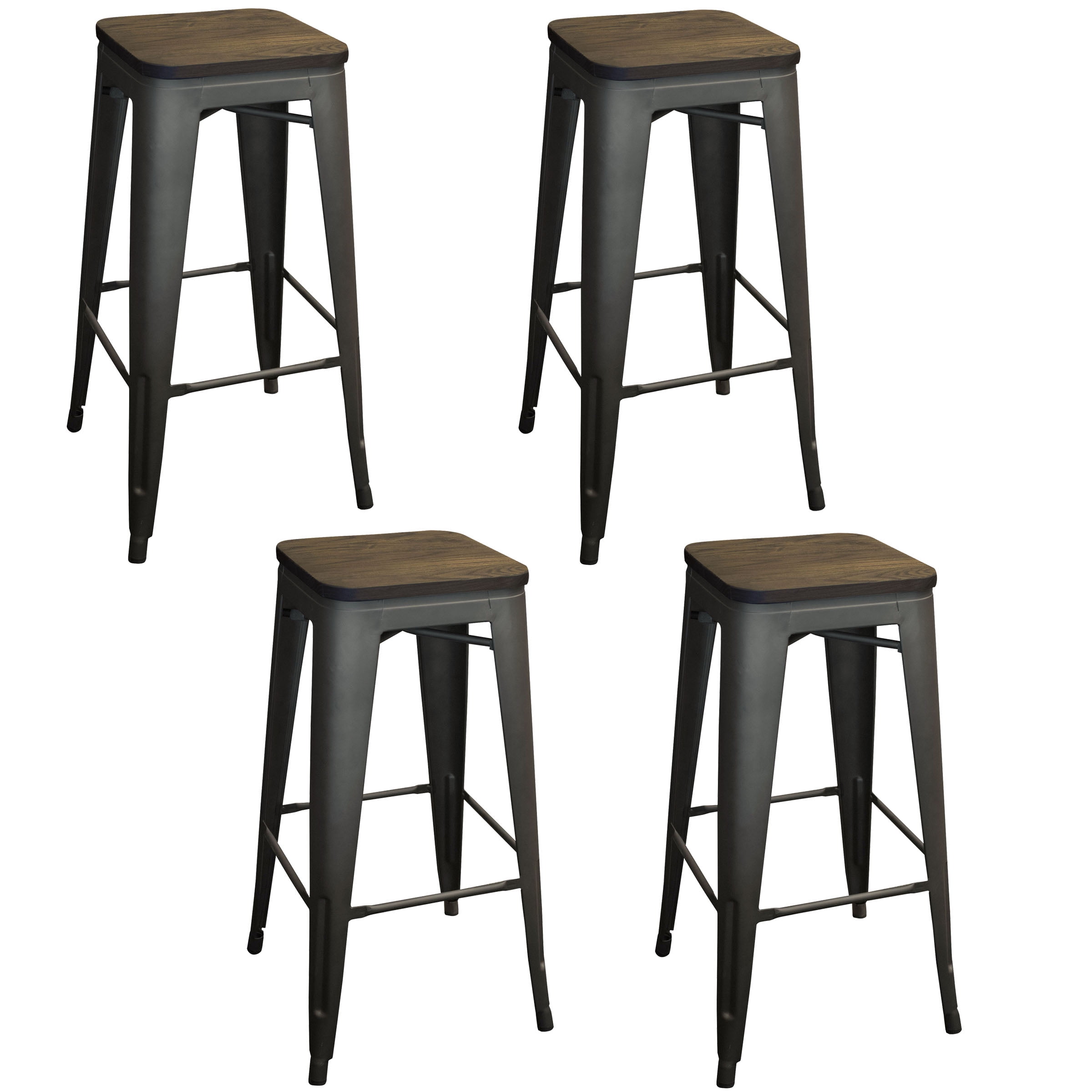 AmeriHome 4 Piece Rustic Gunmetal 30-inch Backless Metal Bar Stool with Dark Elm Wood Finish Seat for Kitchen, Office, Garage