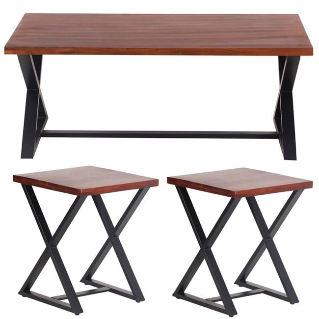 Acacia Wood and Black Metal Cross Leg Living Room Table Set