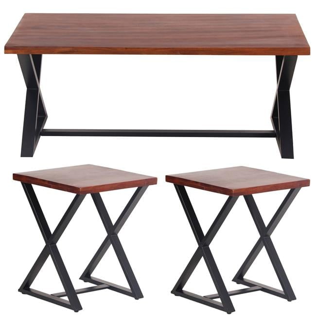 Acacia Wood and Black Metal Cross Leg Living Room Table Set