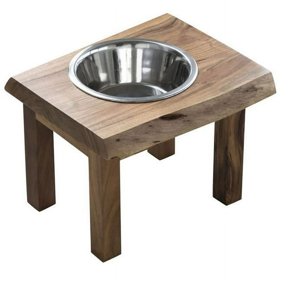 AmeriHome Acacia Wood Live Edge Single Bowl Pet Feeder Stand