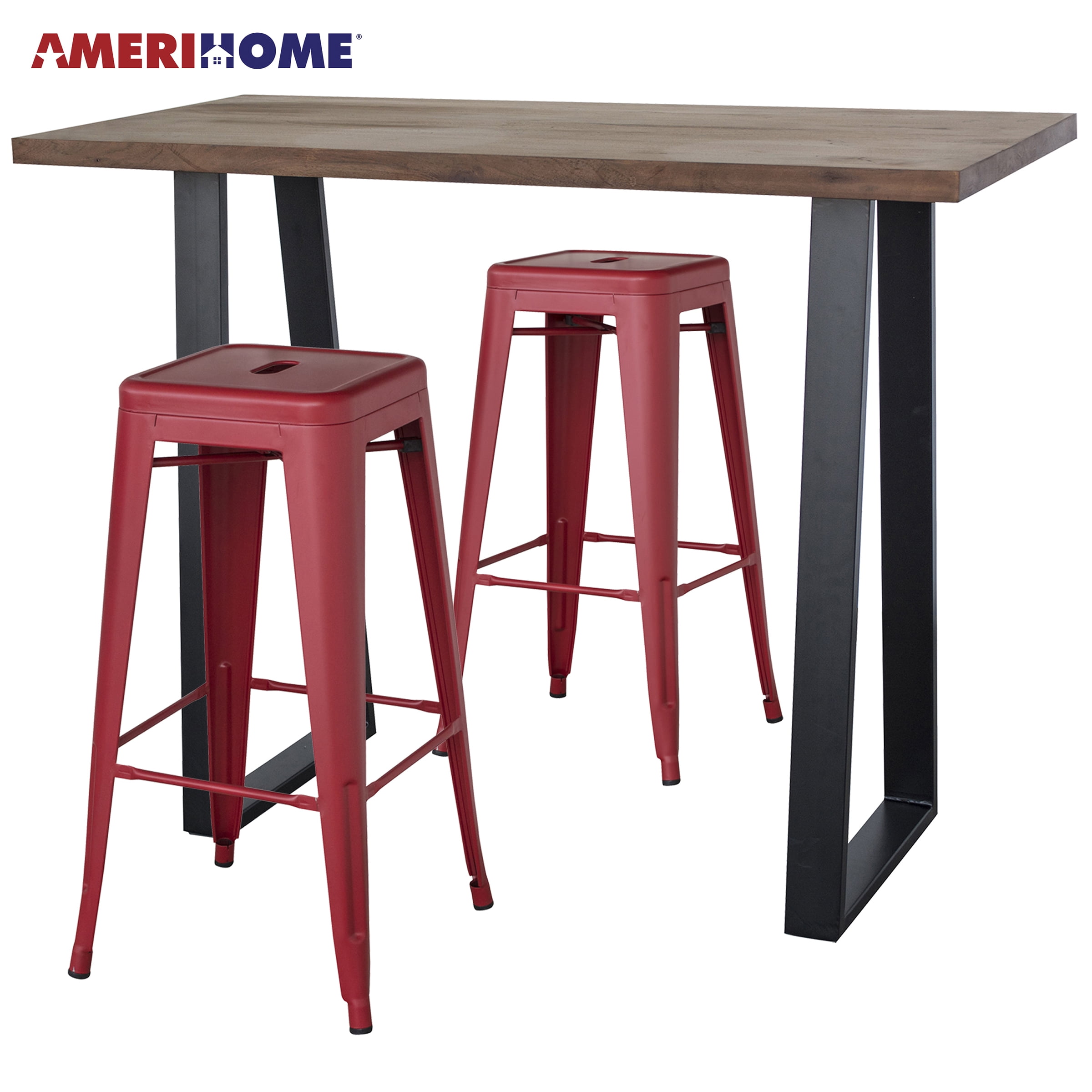 AmeriHome Acacia Wood Top Bar Height Pub Set with Black Bar Stools