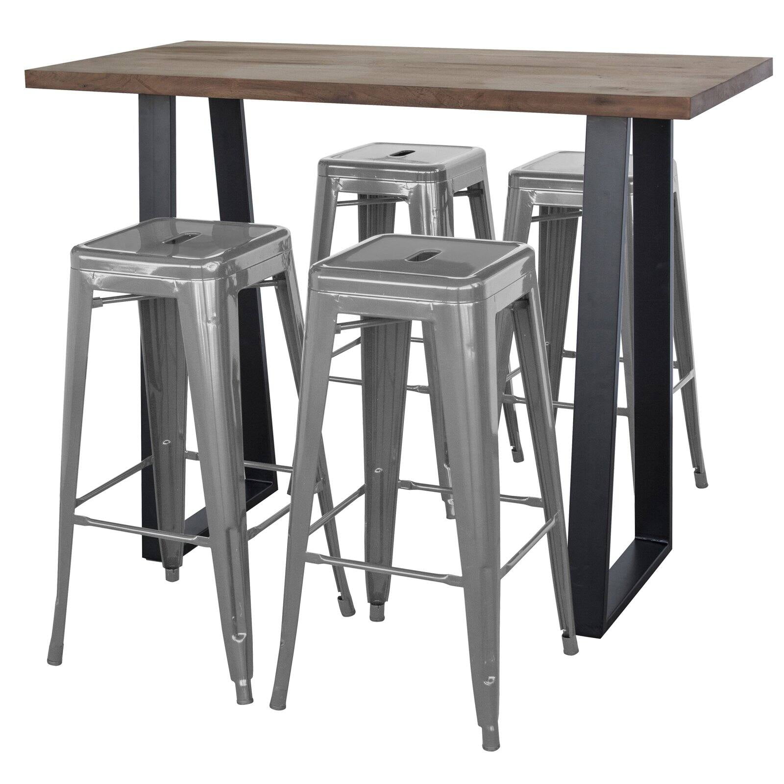AmeriHome Acacia Wood Top Bar Height Table with Grey 30 inch Backless