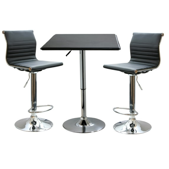 AmeriHome Black Modern Square Vinyl Bar Table with 2 Black Full Back Adjustable Padded Vinyl Bar Stools