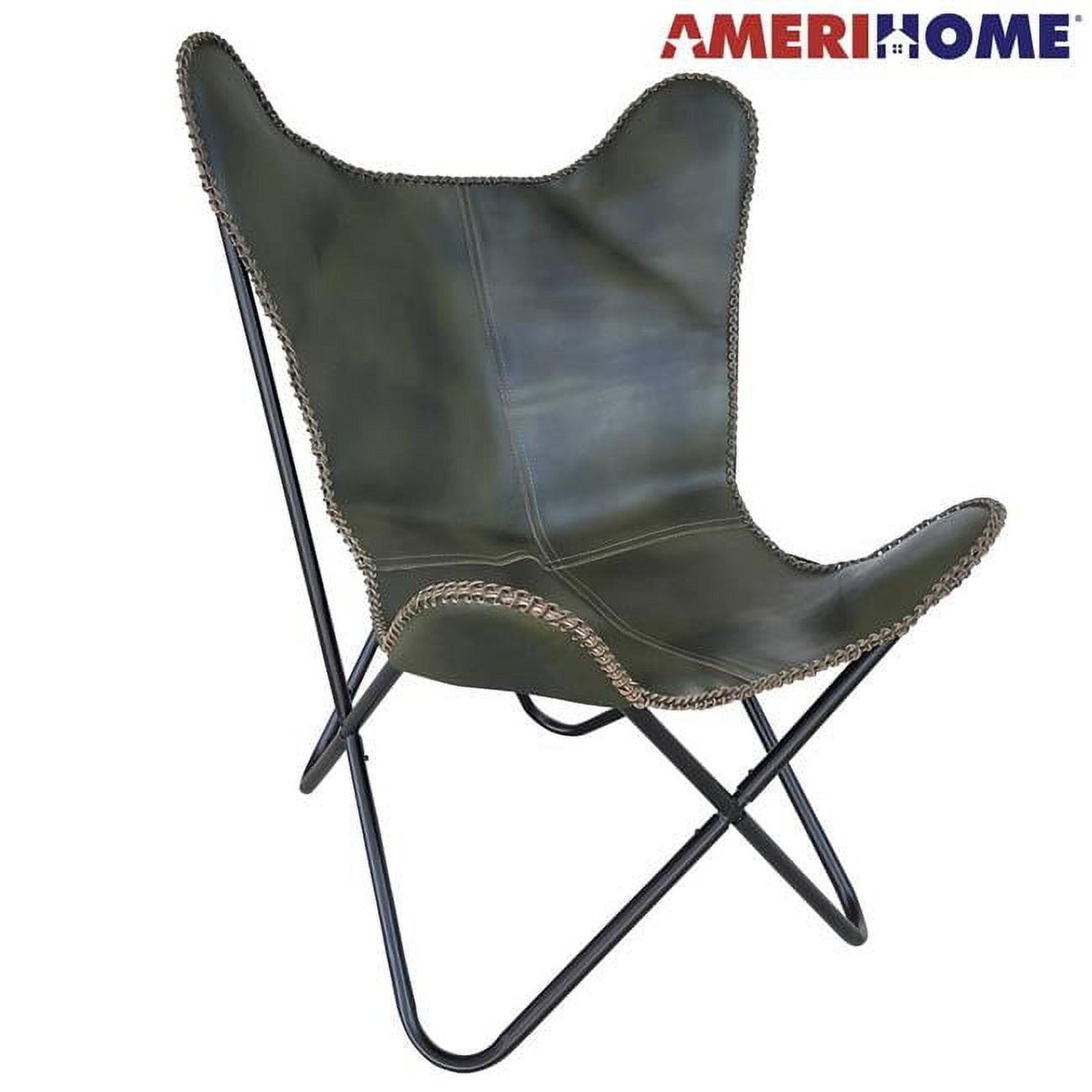 Tan Leather Butterfly Accent Chair with Metal Frame