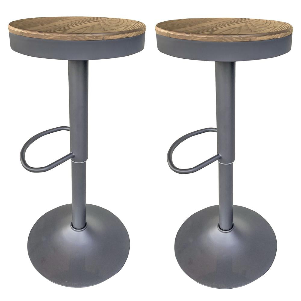 Adjustable Gray Metal and Wood Swivel Bar Stools, Set of 2