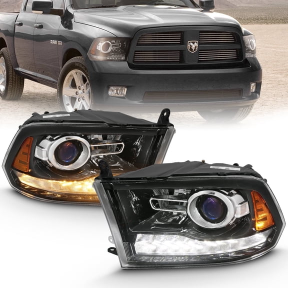 AmeriLite Black Projector Headlights Switchblade LED Parking Turn Signal for Dodge Ram - Passenger and Driver Side