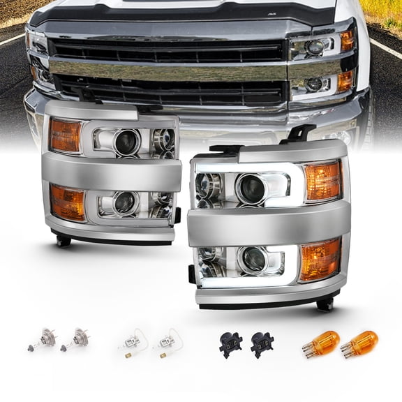 AmeriLite CHEVY SILVERADO 2500HD/3500HD 15-17 PROJECTOR LIGHT BAR STYLE HEADLIGHTS CHROME AMBER (CHROME RIM)