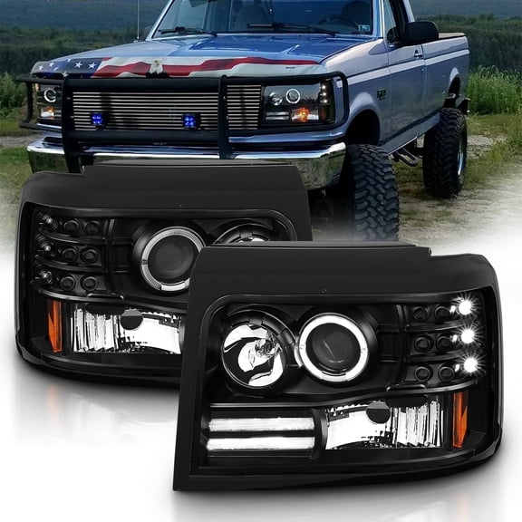 AmeriLite LED Halo Bar Black Projector Replacement Headlights Set for Ford F-150/F250/F350/Bronco - Passenger Right and Driver Left Side