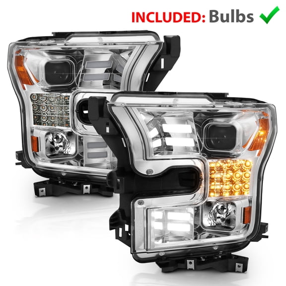 AmeriLite for 2015-2017 Ford F150 Replacment Headlights Chrome Quad Projector w/Dual LED Tube Signal Assembly Set - Driver and Passenger Side
